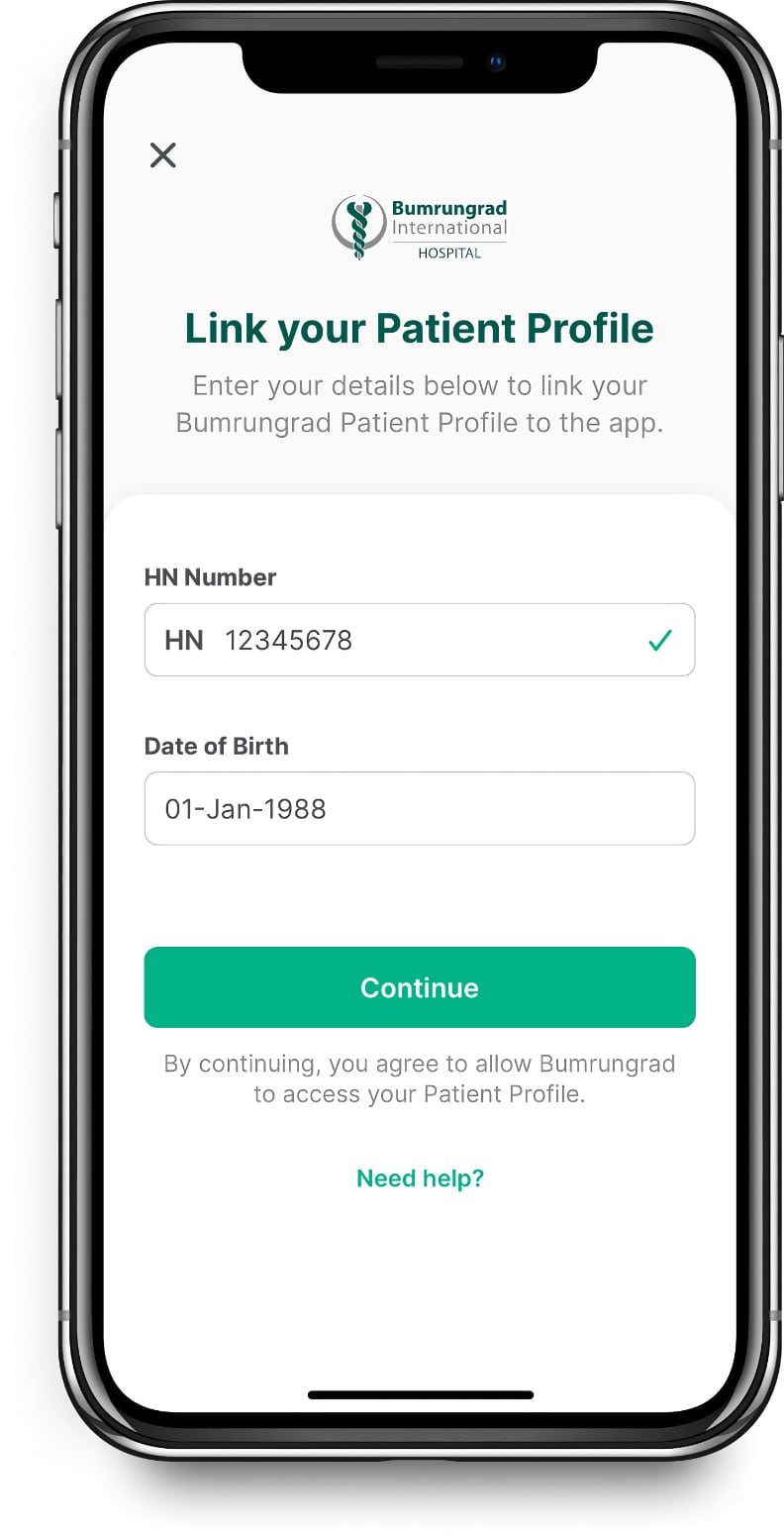 Bumrungrad mobile app patient profile creation